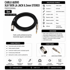 Cablu Audio XLR Tata la Jack 6.3mm Stereo Profesional 5m