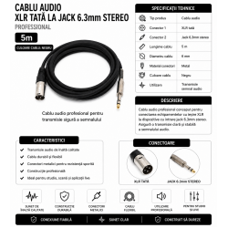 Cablu Audio XLR Tata la Jack 6.3mm Stereo Profesional 5m