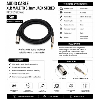 Cablu Audio XLR Tata la Jack 6.3mm Stereo Profesional 5m