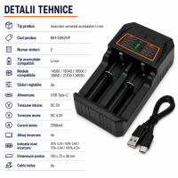 Incarcator acumulatori 18650 Li-ion 2 sloturi USB-C