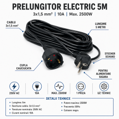Prelungitor electric 5m, 3x1.5mm2, negru, 10A, 2500W