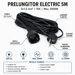 Prelungitor electric 5m, 3x1.5mm2, negru, 10A, 2500W
