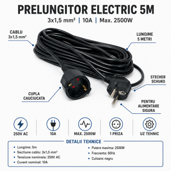Prelungitor electric 5m, 3x1.5mm2, negru, 10A, 2500W