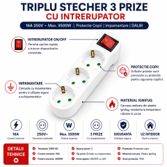 Triplu stecher cu intrerupator si protectie copii, 3 prize, 16A