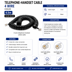 Cablu telefon fix receptor 4 fire spiralat negru 4.5m