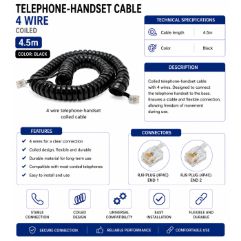 Cablu telefon fix receptor 4 fire spiralat negru 4.5m