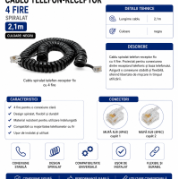 Cablu telefon fix receptor 4 fire spiralat negru 2.1m