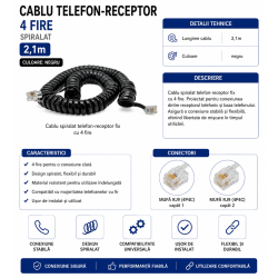 Cablu telefon fix receptor 4 fire spiralat negru 2.1m