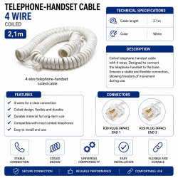 Cablu telefon fix receptor 4 fire spiralat alb 2.1m
