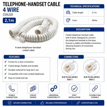 Cablu telefon fix receptor 4 fire spiralat alb 2.1m