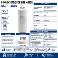 Condensator pornire motor 55uF 450V 4 papuci tata