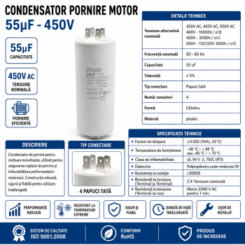 Condensator pornire motor 55uF 450V 4 papuci tata