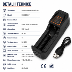 Incarcator acumulatori 18650 Li-ion USB Type-C 4.2V 1A