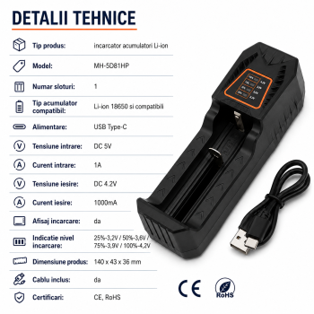 Incarcator acumulatori 18650 Li-ion USB Type-C 4.2V 1A