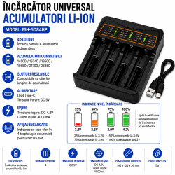 Incarcator acumulatori li-ion universal 4 sloturi USB-C