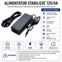 Alimentator 12v 4a stabilizat 48W DC 2.1mm IP20