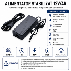Alimentator 12v 4a stabilizat 48W DC 2.1mm IP20