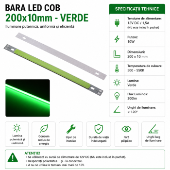 Bara led 12v COB 200x10mm verde 10W 300lm