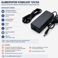 Alimentator 12v 5a stabilizat 60W DC 2.1mm IP20