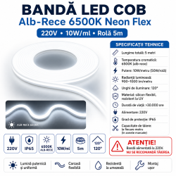 Banda LED COB Alb-Rece 220v 6500K IP65 5m Neon Flex