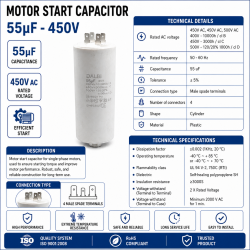 Condensator pornire motor 55uF 450V 4 papuci tata