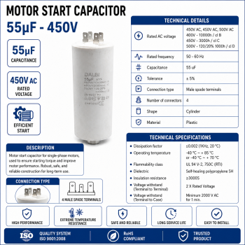 Condensator pornire motor 55uF 450V 4 papuci tata