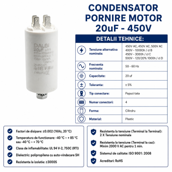 Condensator pornire motor 20uF 450V 4 papuci tata