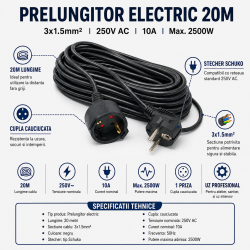 Prelungitor electric 20m, 3x1.5mm2, negru, 10A, 2500W