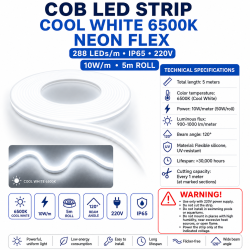 Banda LED COB Alb-Rece 220v 6500K IP65 5m Neon Flex