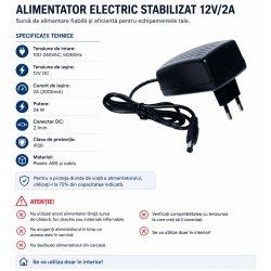 Alimentator 12v 2a stabilizat 24W DC 2.1mm IP20