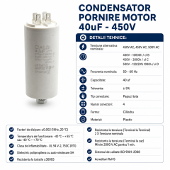 Condensator pornire motor 40uF 450V 4 papuci tata