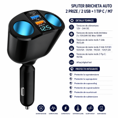 Splitter bricheta auto 2 prize 120W USB QC Tip C M7