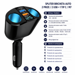 Splitter bricheta auto 2 prize 120W USB QC Tip C M7