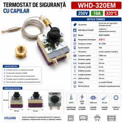 Termostat de siguranta 320°C cu capilar 250V 16A WHD-320EM