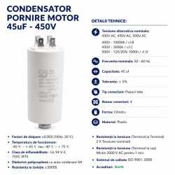 Condensator pornire motor 45uF 450V 4 papuci tata