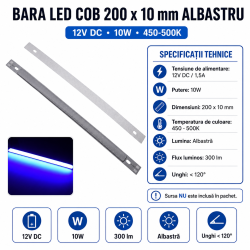 Bara led 12v COB 200x10mm albastru 10W 300lm