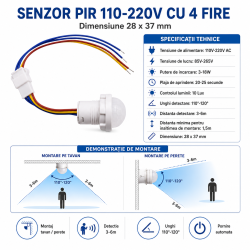 Senzor pir 110-220V cu 4 fire 28x37mm