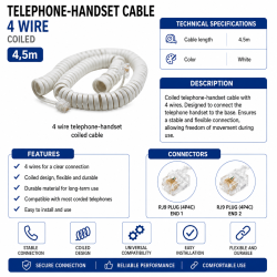 Cablu telefon fix receptor 4 fire spiralat alb 4.5m