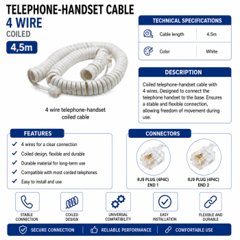 Cablu telefon fix receptor 4 fire spiralat alb 4.5m