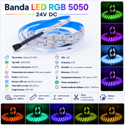 Banda Led RGB 24V 60 LED/m 5050 IP20 5m