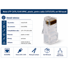 Mufa UTP CAT6, RJ45 8P8C, plastic, pentru cablu CAT5/CAT6, set 100 bucati