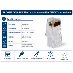 Mufa UTP CAT6, RJ45 8P8C, plastic, pentru cablu CAT5/CAT6, set 100 bucati