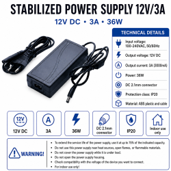 Alimentator 12v 3a stabilizat 36W DC 2.1mm IP20
