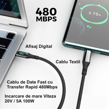 Cablu PD 100W tip C cu afisaj digital 1.2m transfer 480Mbps