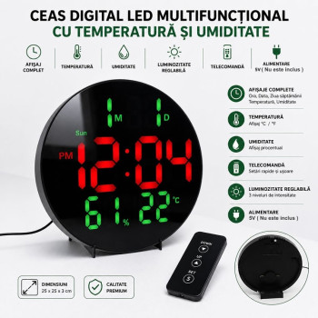 Ceas de masa electronic LED 26cm cu telecomanda si alarma