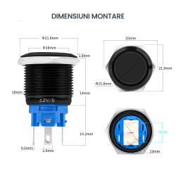Buton Push cu Retinere 19mm, 12V, LED Verde, Negru, IP65, Mufa Inclusa
