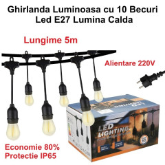 Ghirlanda luminoasa exterior 5 metri cu 10 becuri LED E27