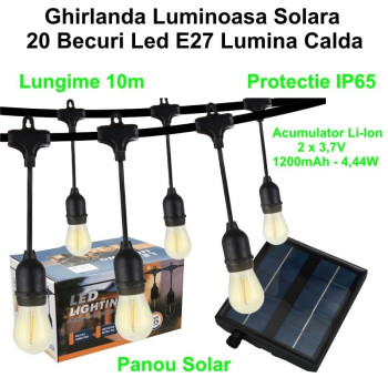 Ghirlanda luminoasa solara 10 metri cu 20 becuri LED E27