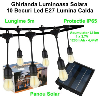 Ghirlanda solara 5 metri cu 10 becuri LED E27 lumina calda