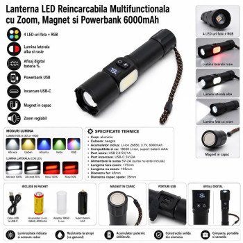 Lanterna led reincarcabila 6000mAh powerbank magnet zoom